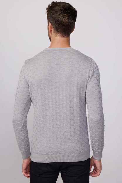 Regular Fit Standard Cut Crew Neck Patterned Light Gray Men's Sweater