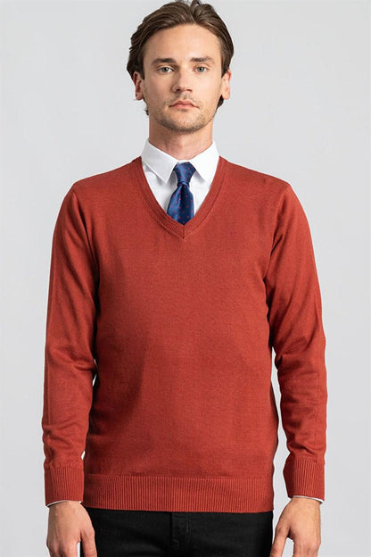 Slim Fit V-Neck Cotton Men's Cinnamon Sweater