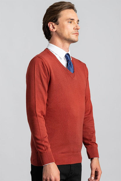 Slim Fit V-Neck Cotton Men's Cinnamon Sweater