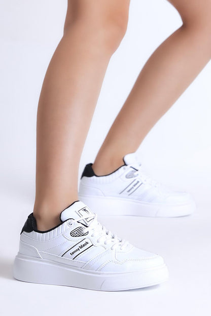 Women's White Black Poly Sole Side Stripe Lace-up Sneaker