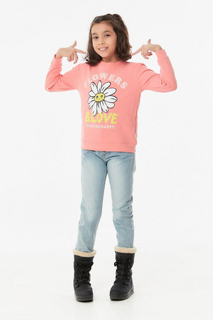 Printed Crew Neck Girl's Sweatshirt