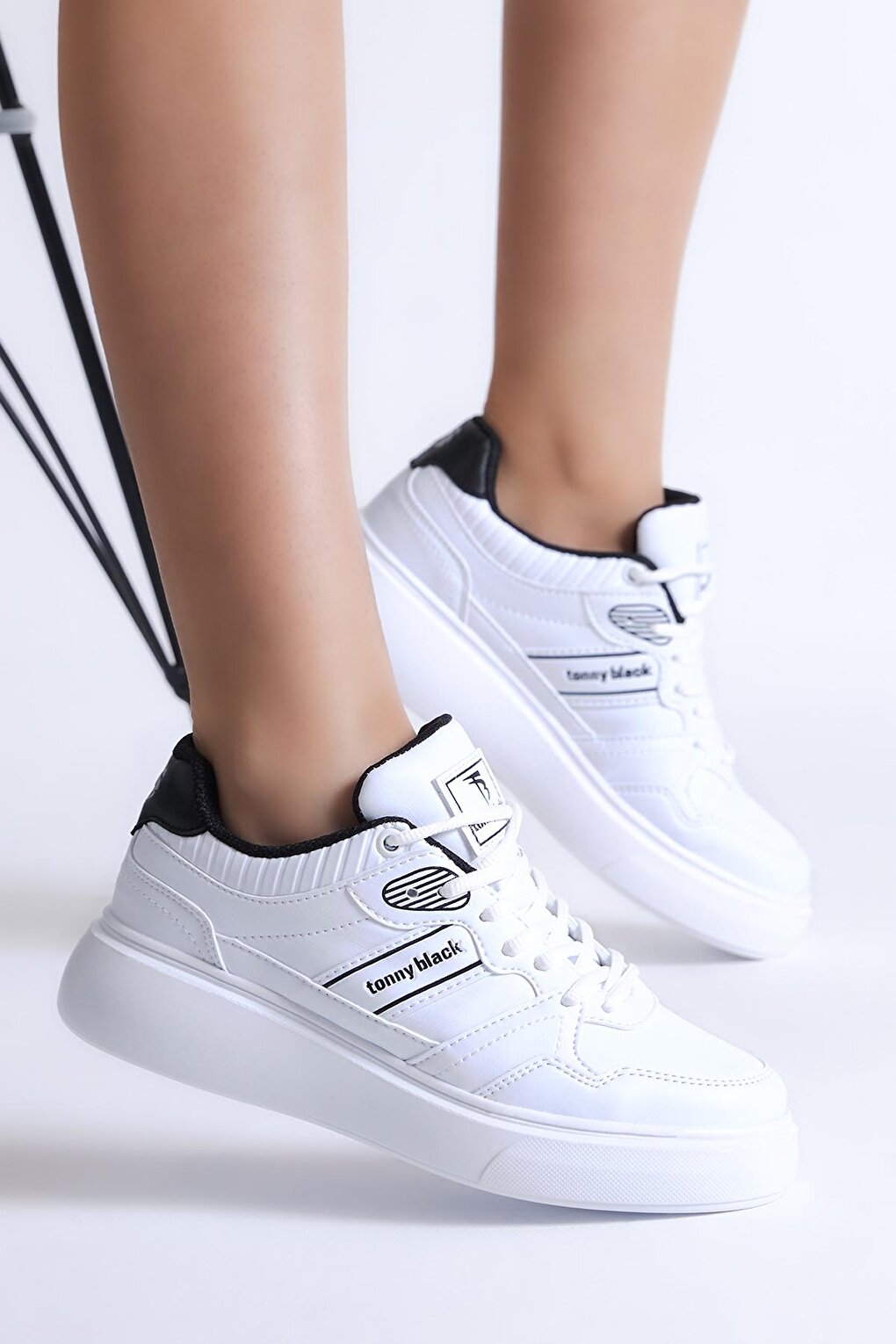 Women's White Black Poly Sole Side Stripe Lace-up Sneaker