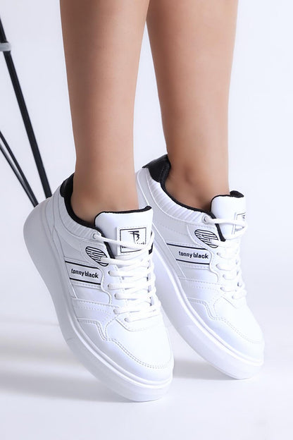 Women's White Black Poly Sole Side Stripe Lace-up Sneaker