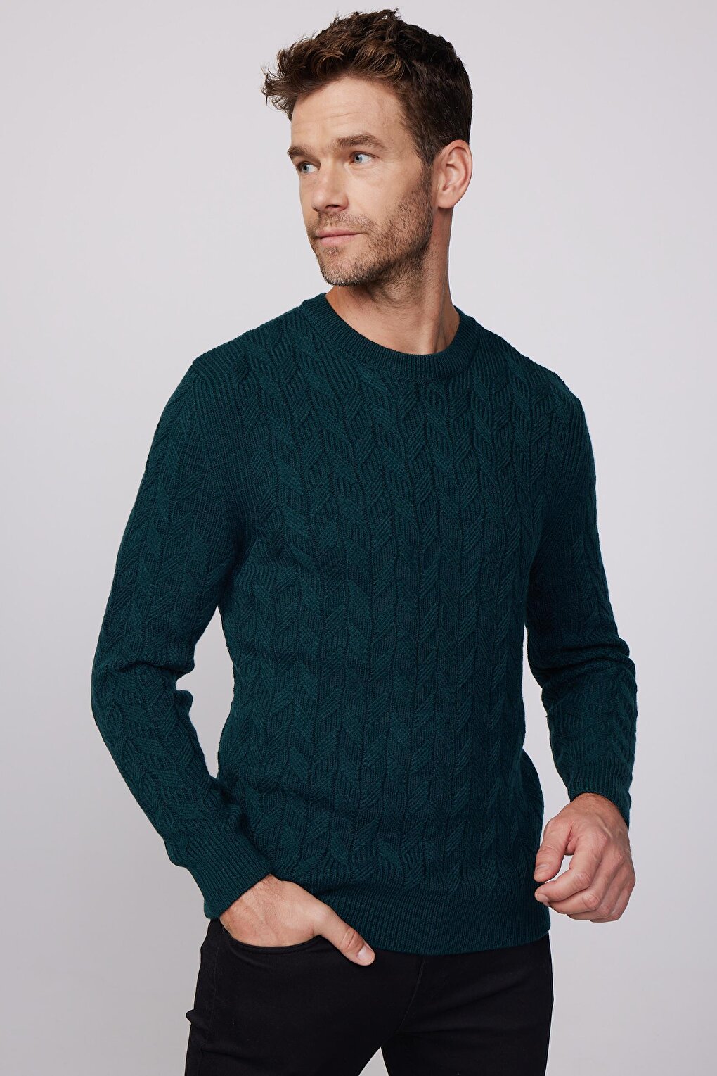 Slim Fit Crew Neck Patterned Green Men's Sweater