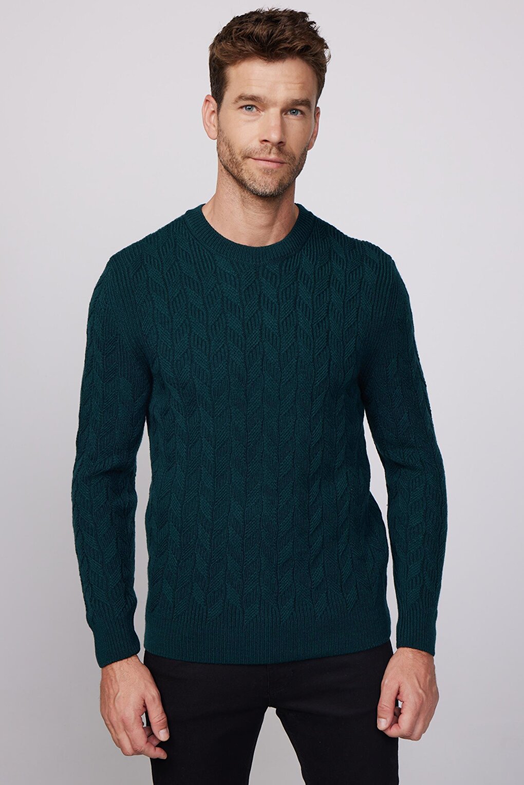 Slim Fit Crew Neck Patterned Green Men's Sweater