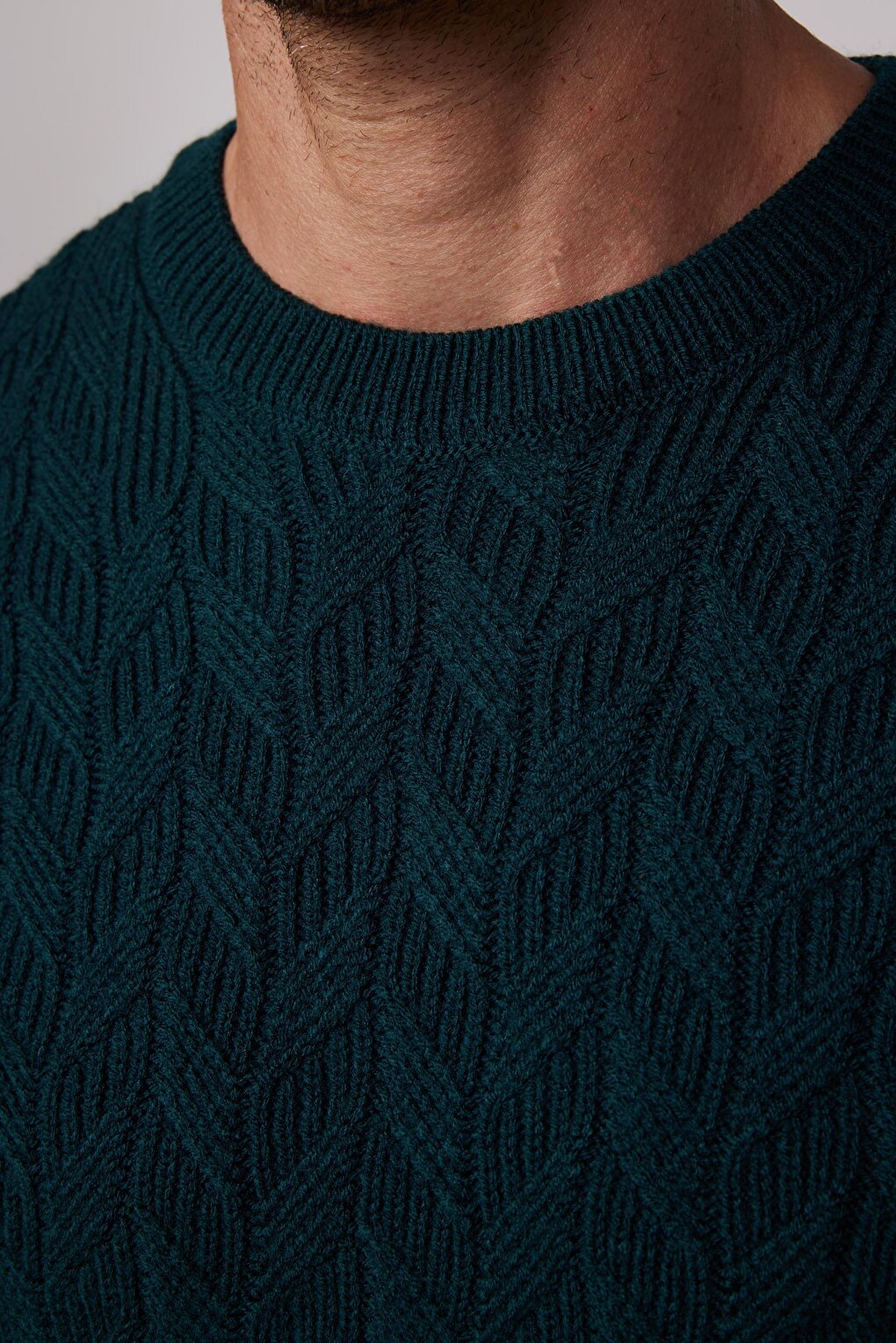 Slim Fit Crew Neck Patterned Green Men's Sweater