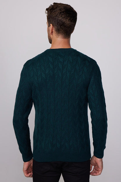 Slim Fit Crew Neck Patterned Green Men's Sweater