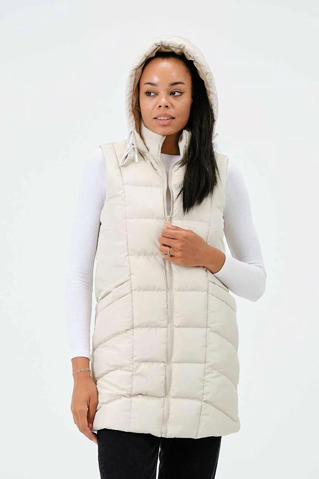 Women's Cream Hooded Zippered Long Puffer Vest