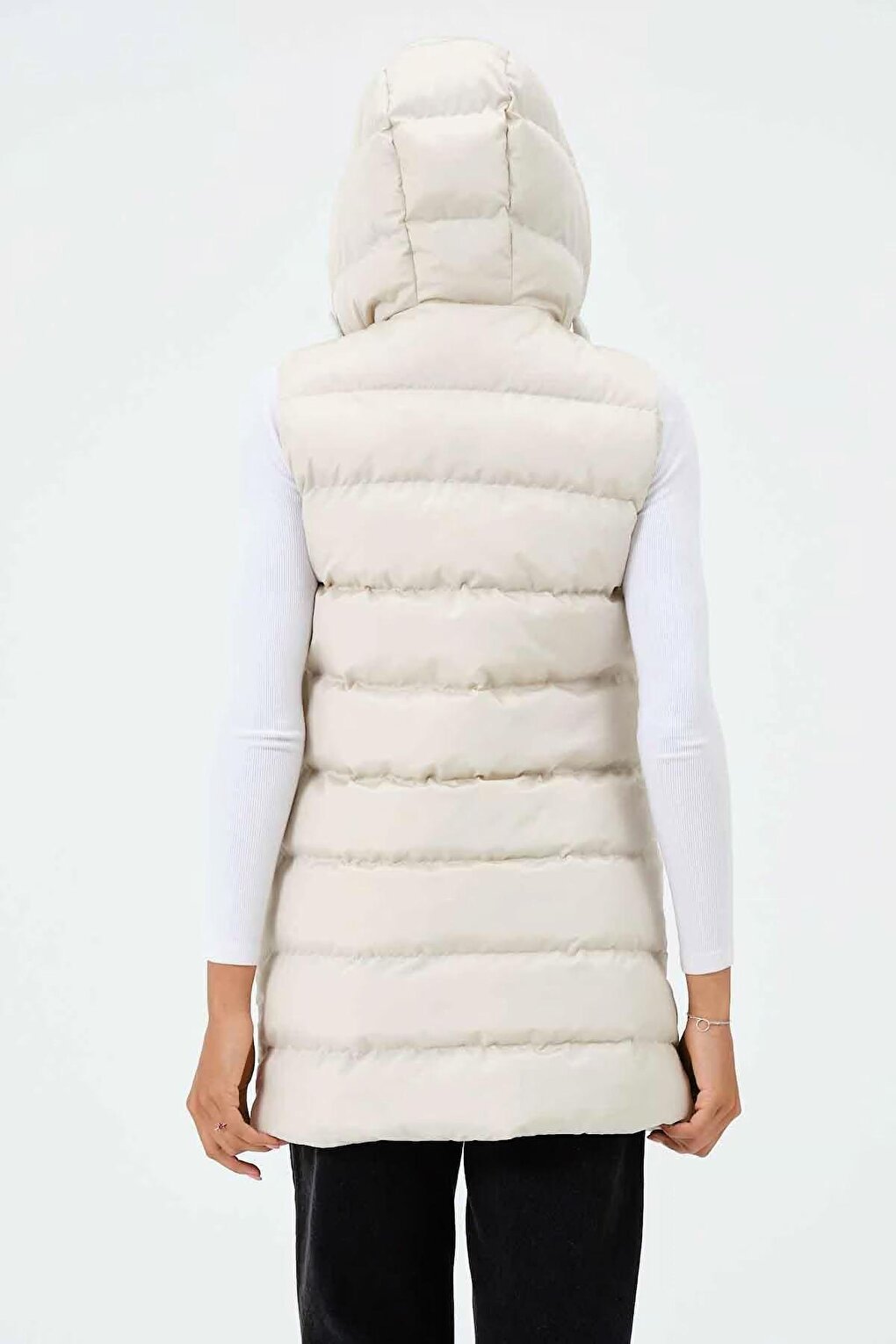 Women's Cream Hooded Zippered Long Puffer Vest