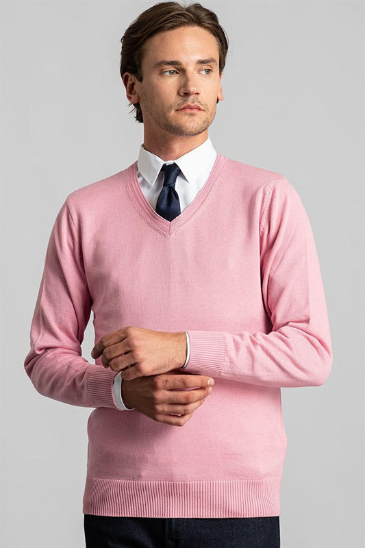 Slim Fit V-Neck Cotton Men's Pink Sweater