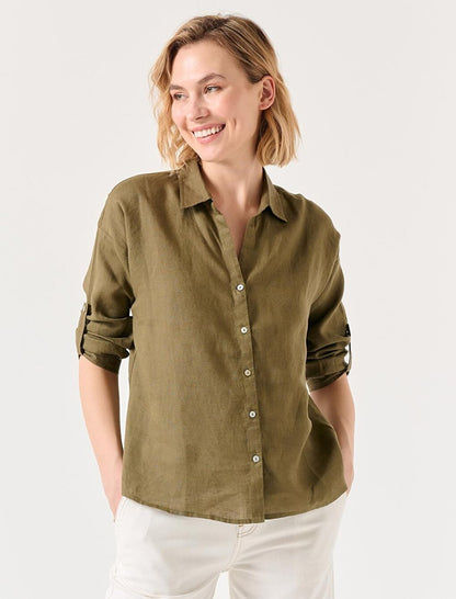 Khaki Straight Cut Shirt Collar Long Sleeve Basic Linen Shirt