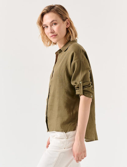 Khaki Straight Cut Shirt Collar Long Sleeve Basic Linen Shirt