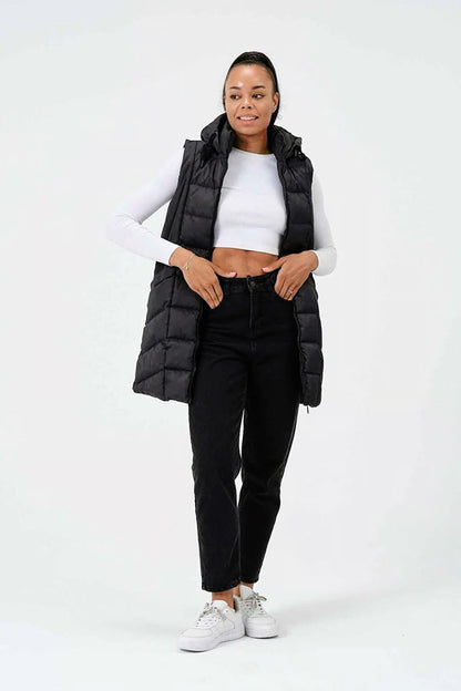 Women's Black Hooded Zippered Long Puffer Vest