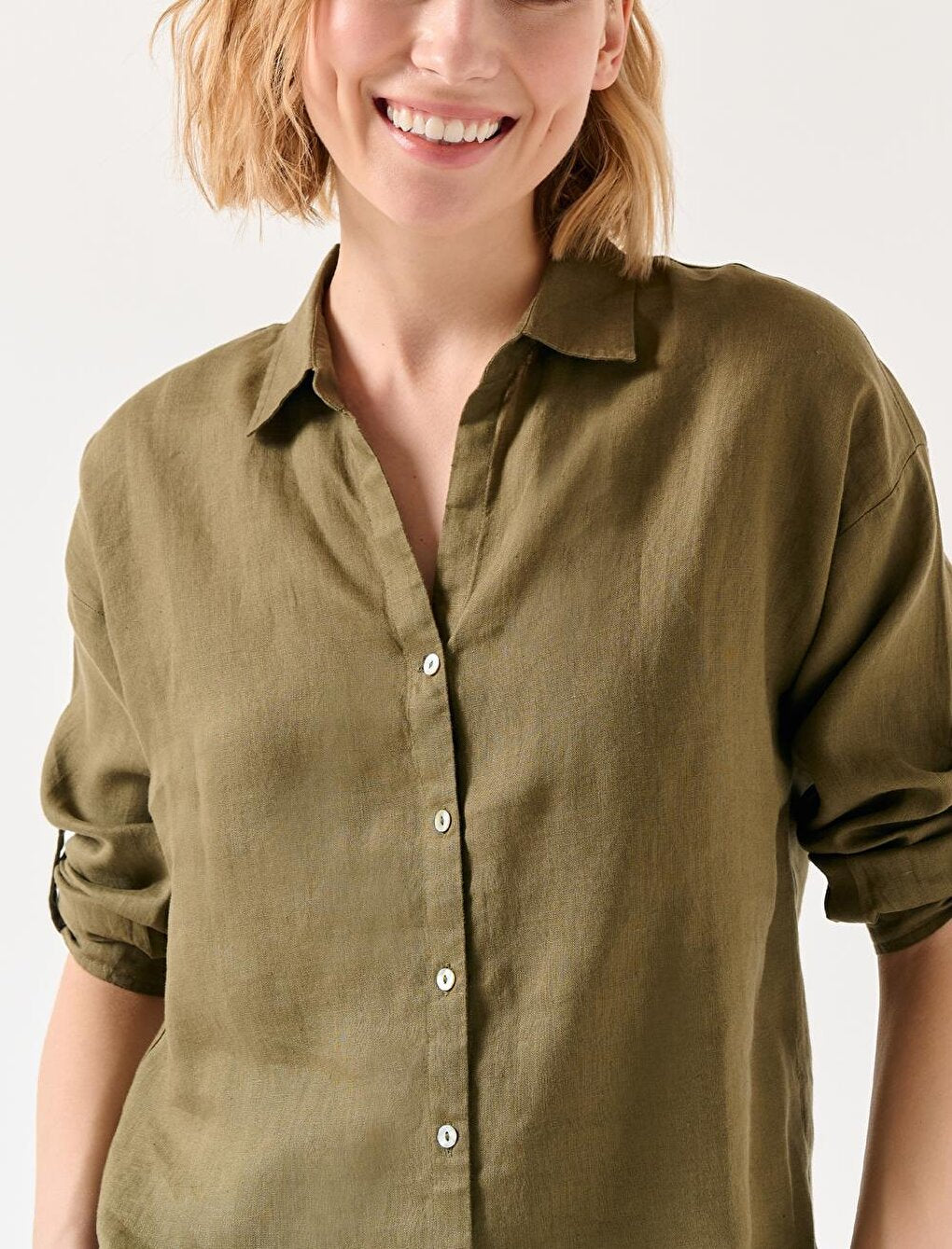 Khaki Straight Cut Shirt Collar Long Sleeve Basic Linen Shirt