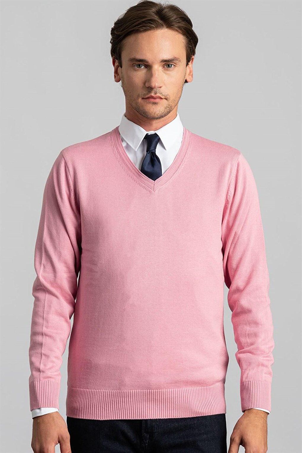 Slim Fit V-Neck Cotton Men's Pink Sweater