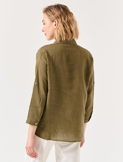 Khaki Straight Cut Shirt Collar Long Sleeve Basic Linen Shirt