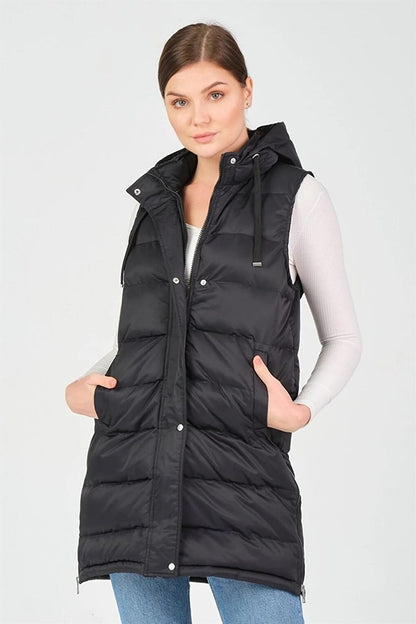 Women's Black Hooded Zippered Long Puffer Vest