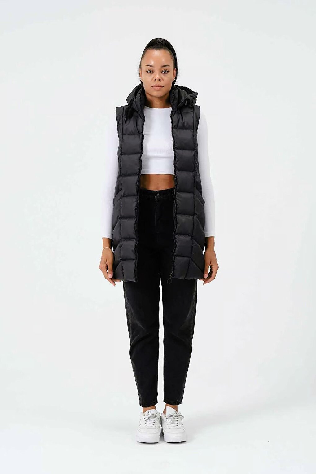 Women's Black Hooded Zippered Long Puffer Vest