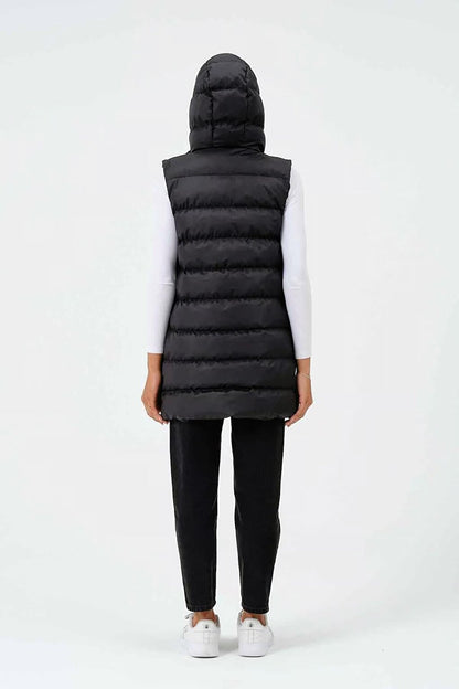 Women's Black Hooded Zippered Long Puffer Vest