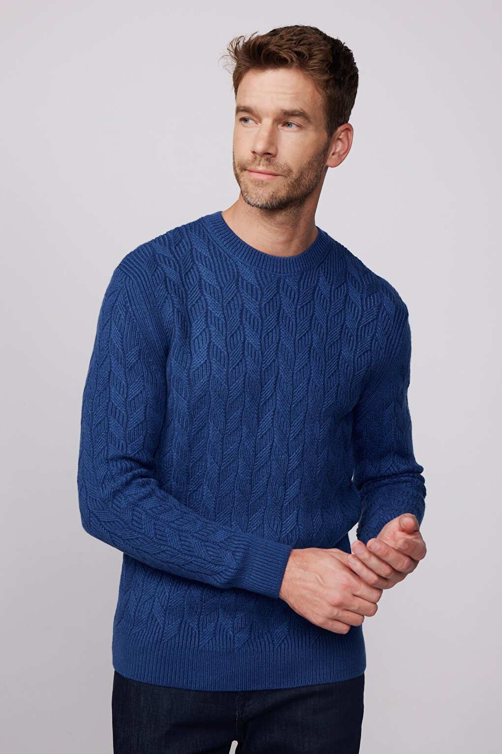 Slim Fit Crew Neck Patterned Navy Blue Men's Sweater