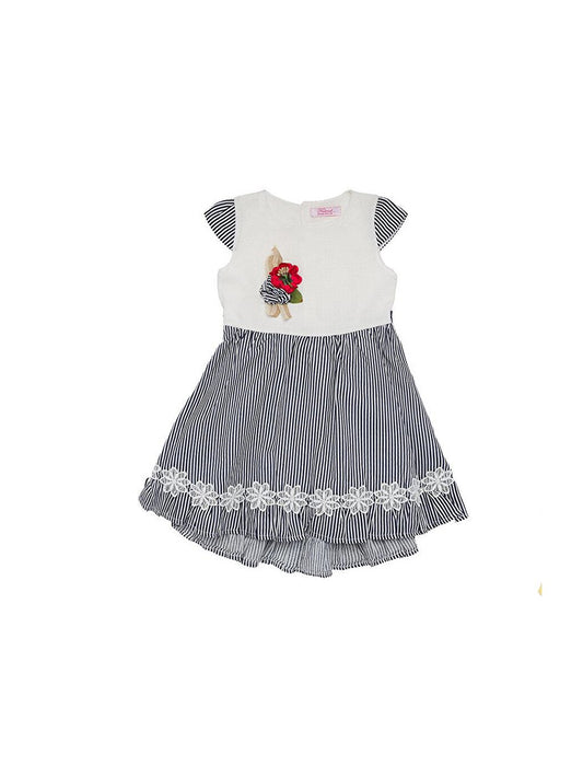 Floral Detailed Embroidered Short Sleeve Girl's Striped Combed Cotton Dress9007