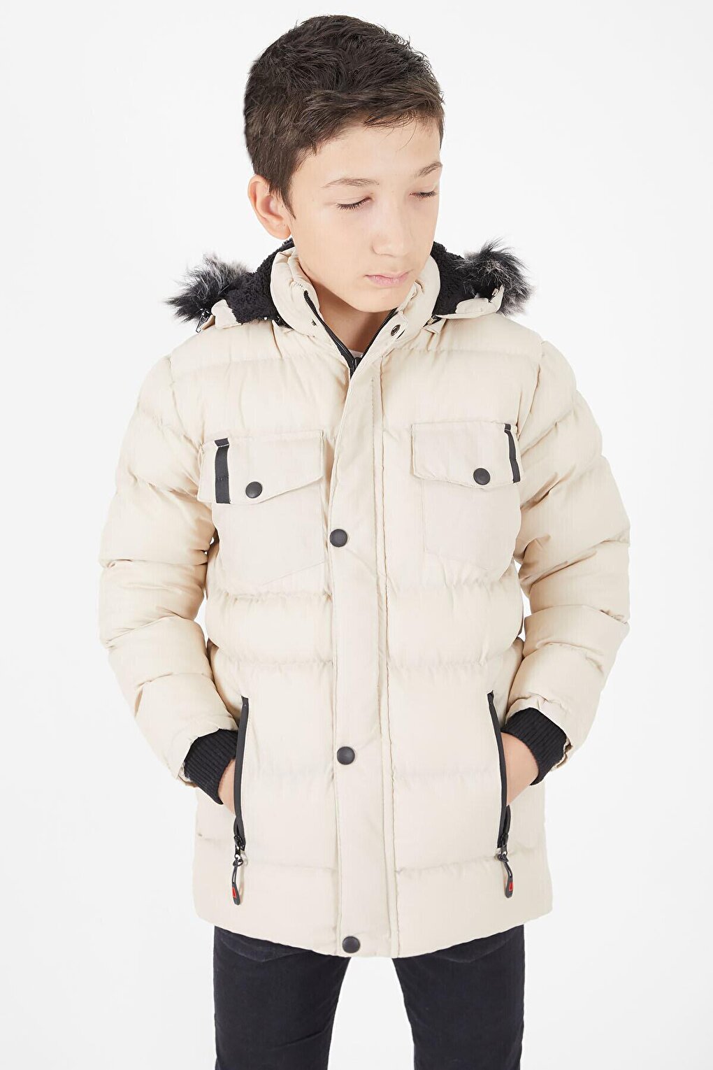 Boy's Puffer Jacket with Pocket Cover Beige 15512