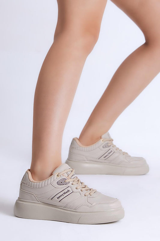 Women's Beige Poly Sole Side Stripe Lace-up Sneaker