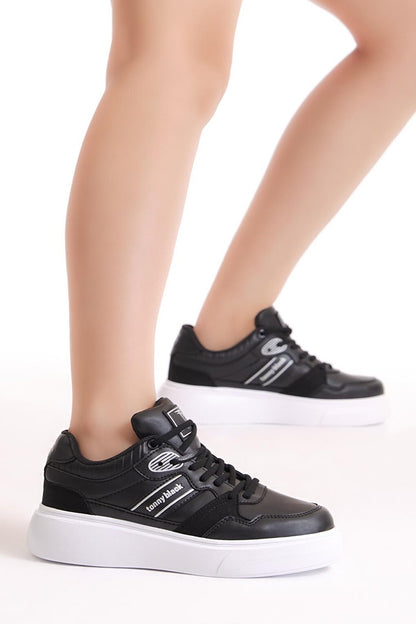 Women's Black White Poly Sole Side Stripe Lace-up Sneaker