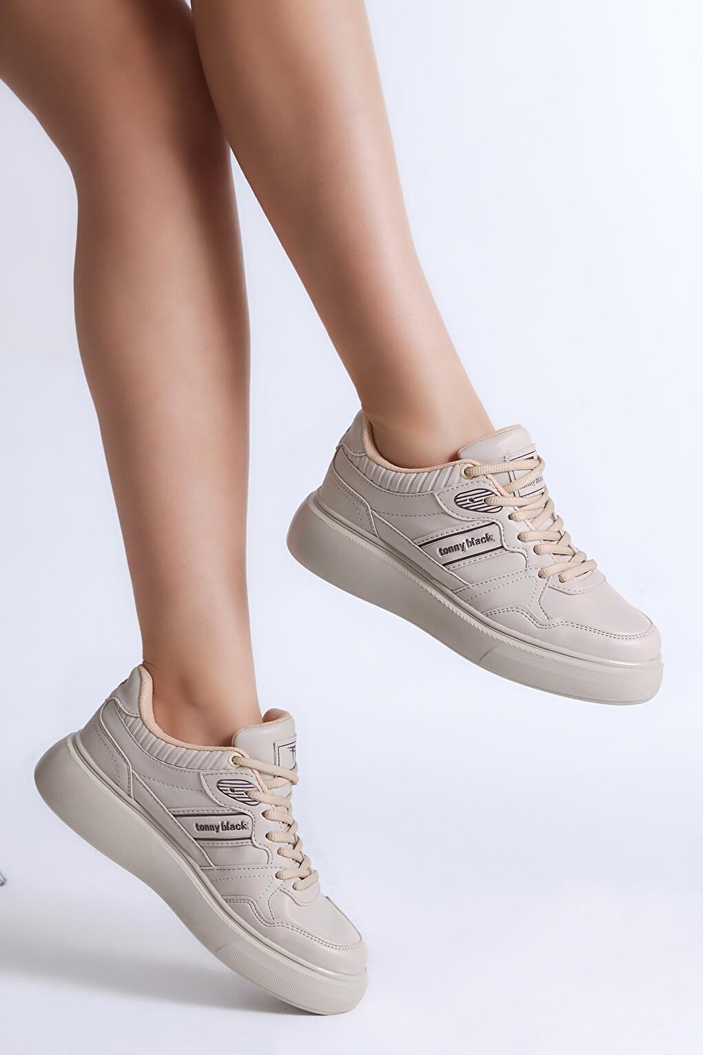 Women's Beige Poly Sole Side Stripe Lace-up Sneaker