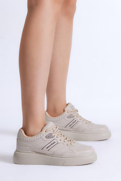 Women's Beige Poly Sole Side Stripe Lace-up Sneaker