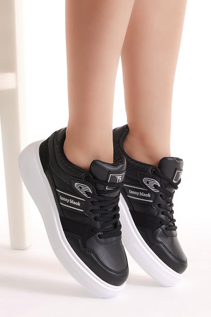 Women's Black White Poly Sole Side Stripe Lace-up Sneaker