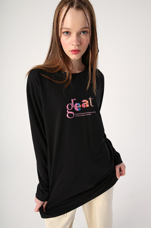 Black 100% Cotton Crew Neck Printed T-Shirt Tunic