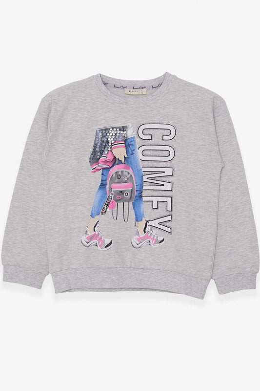 Girl's Sweatshirt Sequin Printed Light Gray Melange (Age 9-14)