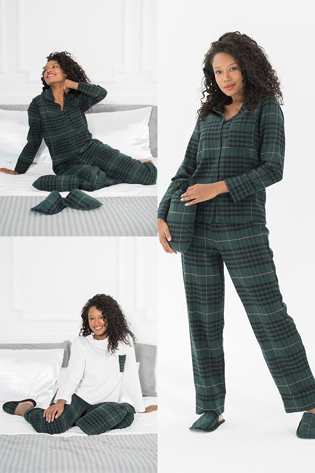 5-Piece Green Plaid Pajama Set with Slippers