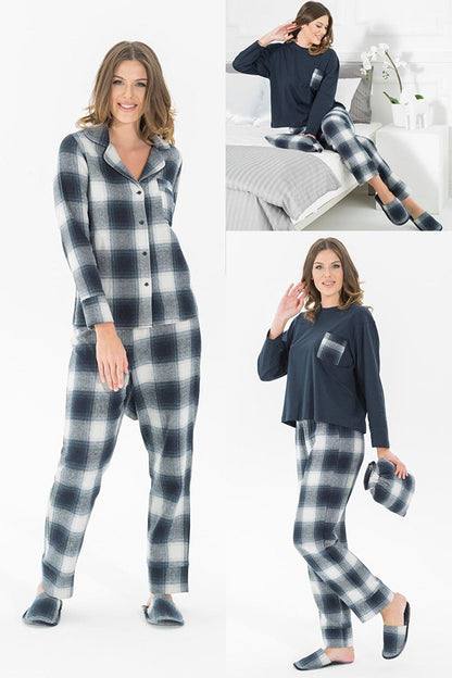 5-Piece Navy Blue Plaid Black Pajama Set with Slippers