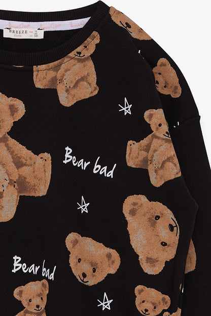 Girl's Sweatshirt Plush Teddy Bear Patterned Black (Age 11-14)