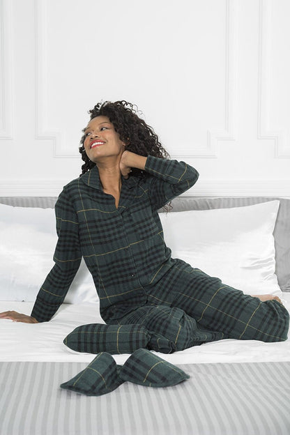 5-Piece Green Plaid Pajama Set with Slippers