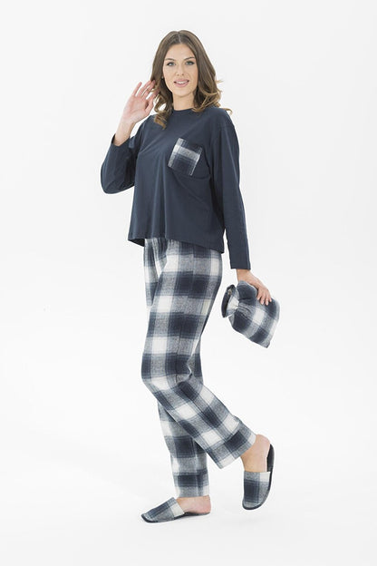 5-Piece Navy Blue Plaid Black Pajama Set with Slippers