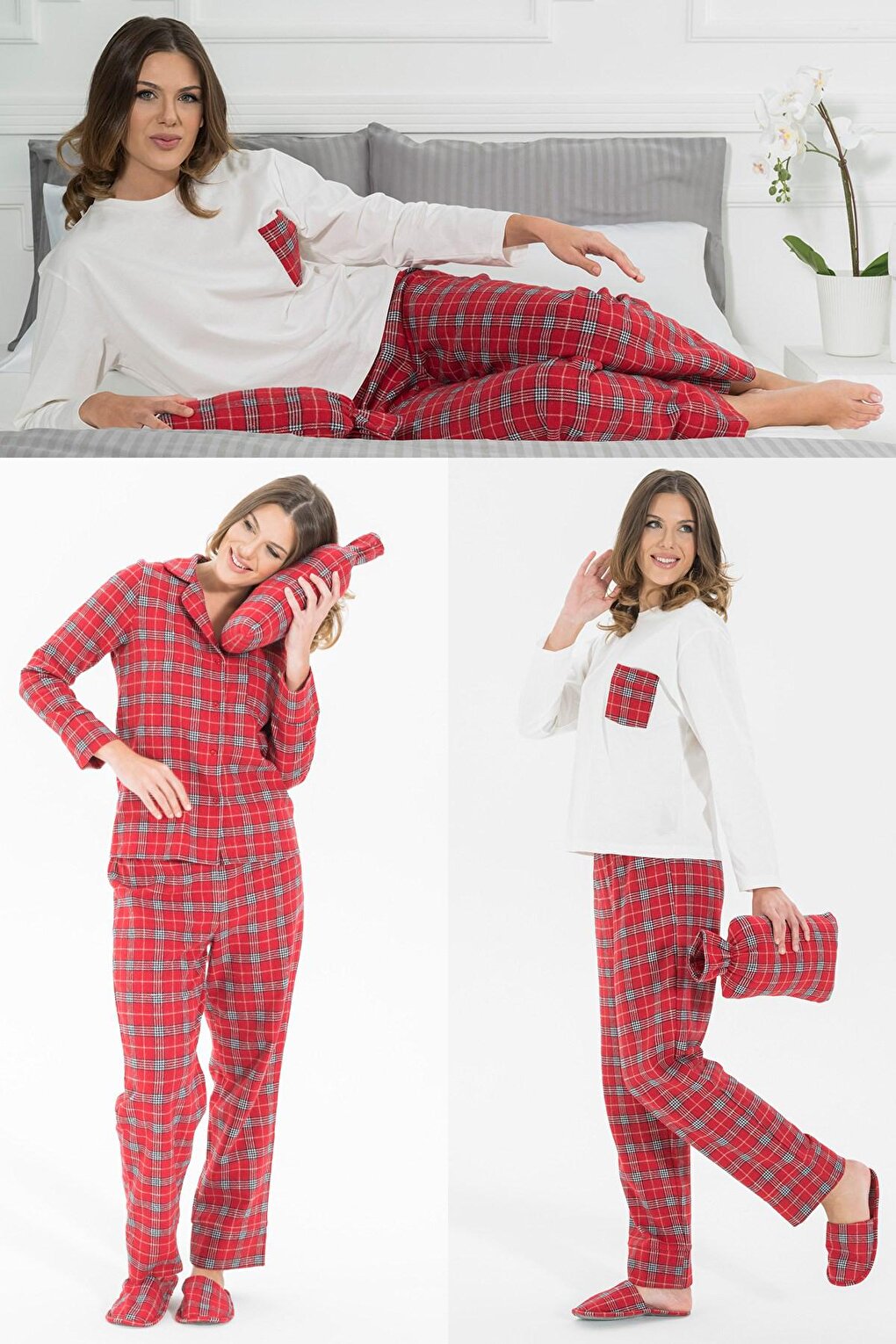 5-Piece Red Plaid Pajama Set with Slippers