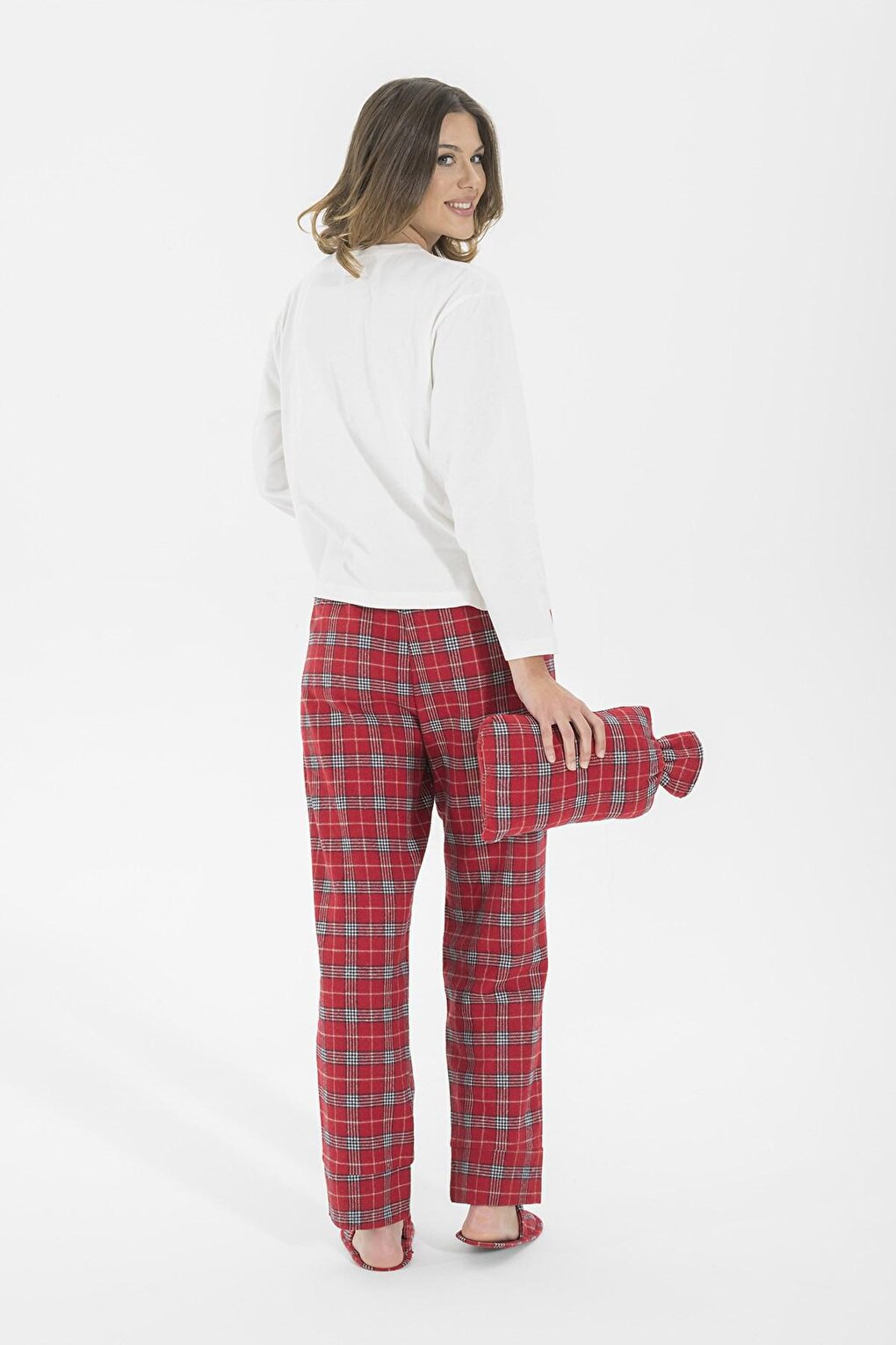 5-Piece Red Plaid Pajama Set with Slippers