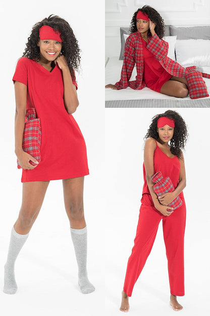 7-Piece Plaid Cotton Pajama Set with Robe