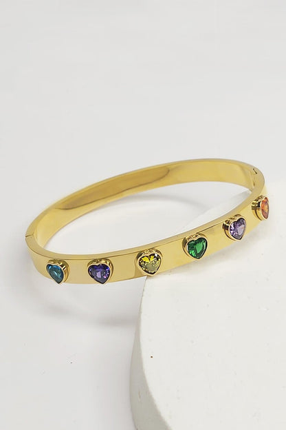 Stainless Steel Rainbow Heart Stone Cuff Bracelet