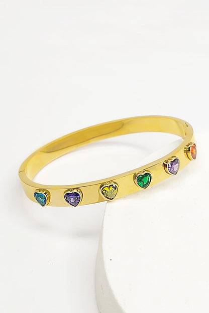 Stainless Steel Rainbow Heart Stone Cuff Bracelet