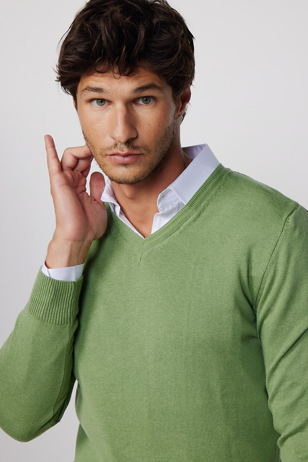 Slim Fit V-Neck Cotton Green Men's Sweater