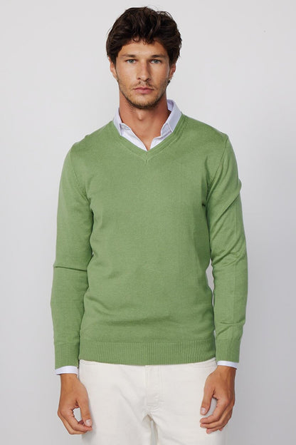 Slim Fit V-Neck Cotton Green Men's Sweater