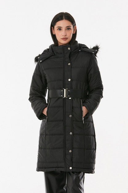 Belted Hooded Long Puffer Coat