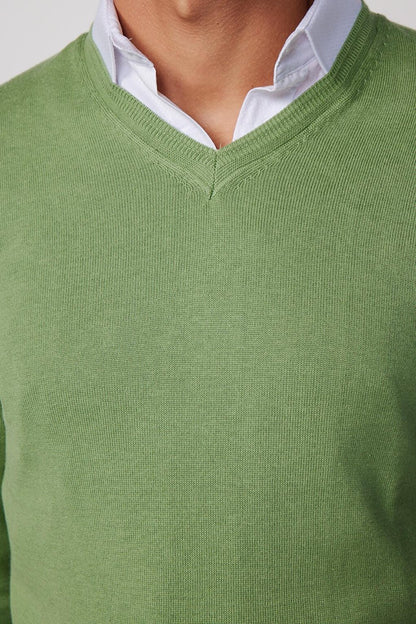 Slim Fit V-Neck Cotton Green Men's Sweater