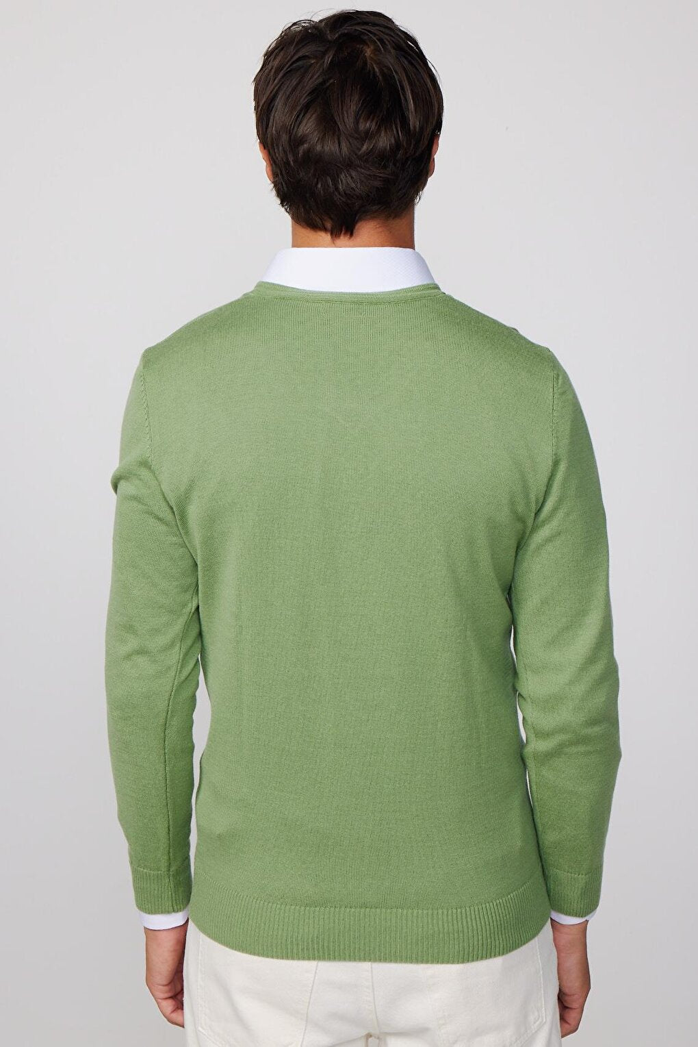 Slim Fit V-Neck Cotton Green Men's Sweater