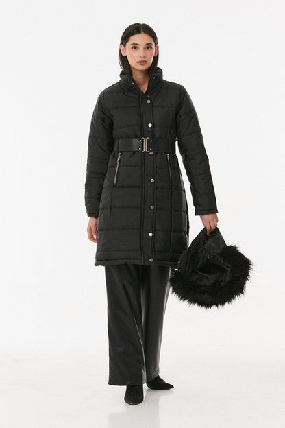 Belted Hooded Long Puffer Coat