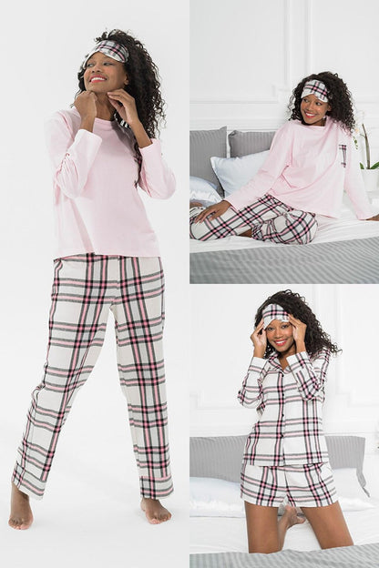 Cotton 5-Piece Pink Plaid Pajama Set